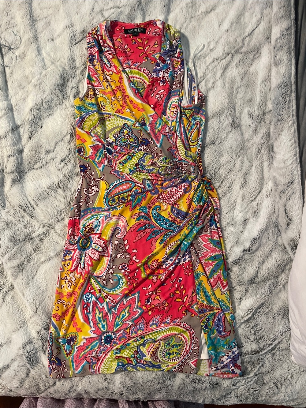 Lauren Ralph Lauren Bright Paisley Wrap-Style Mini Dress - Pink/Yellow 6